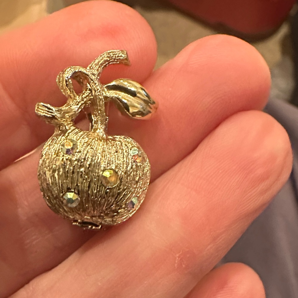 Vintage Gold-tone Apple Brooch with Crystal Accents